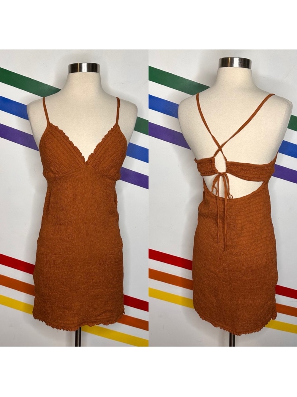 NEW Anthropologie Ellen Smocked Mini Dress Brown Backless Strappy Size Large